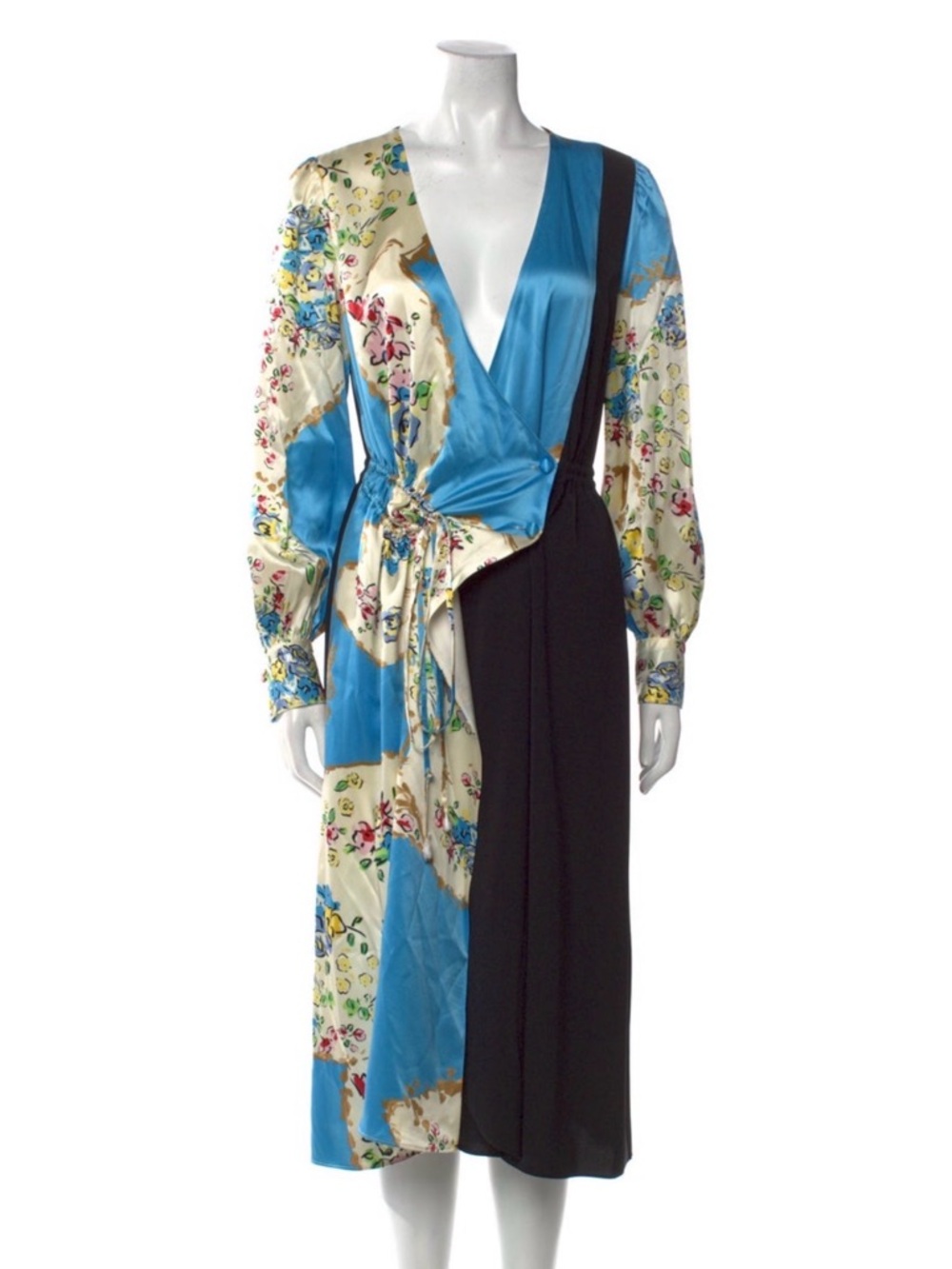 Tory Burch Blue, Cream & Black Floral Wrap Maxi Dress
